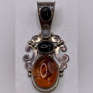 Vintage BA Suarti Large Sterling Silver Amber, Onyx, Moonstone Pendant